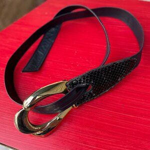 Vintage Black Leather Adjustable Belt w/ Gold Horseshoe Buckle Anthony Ferrara